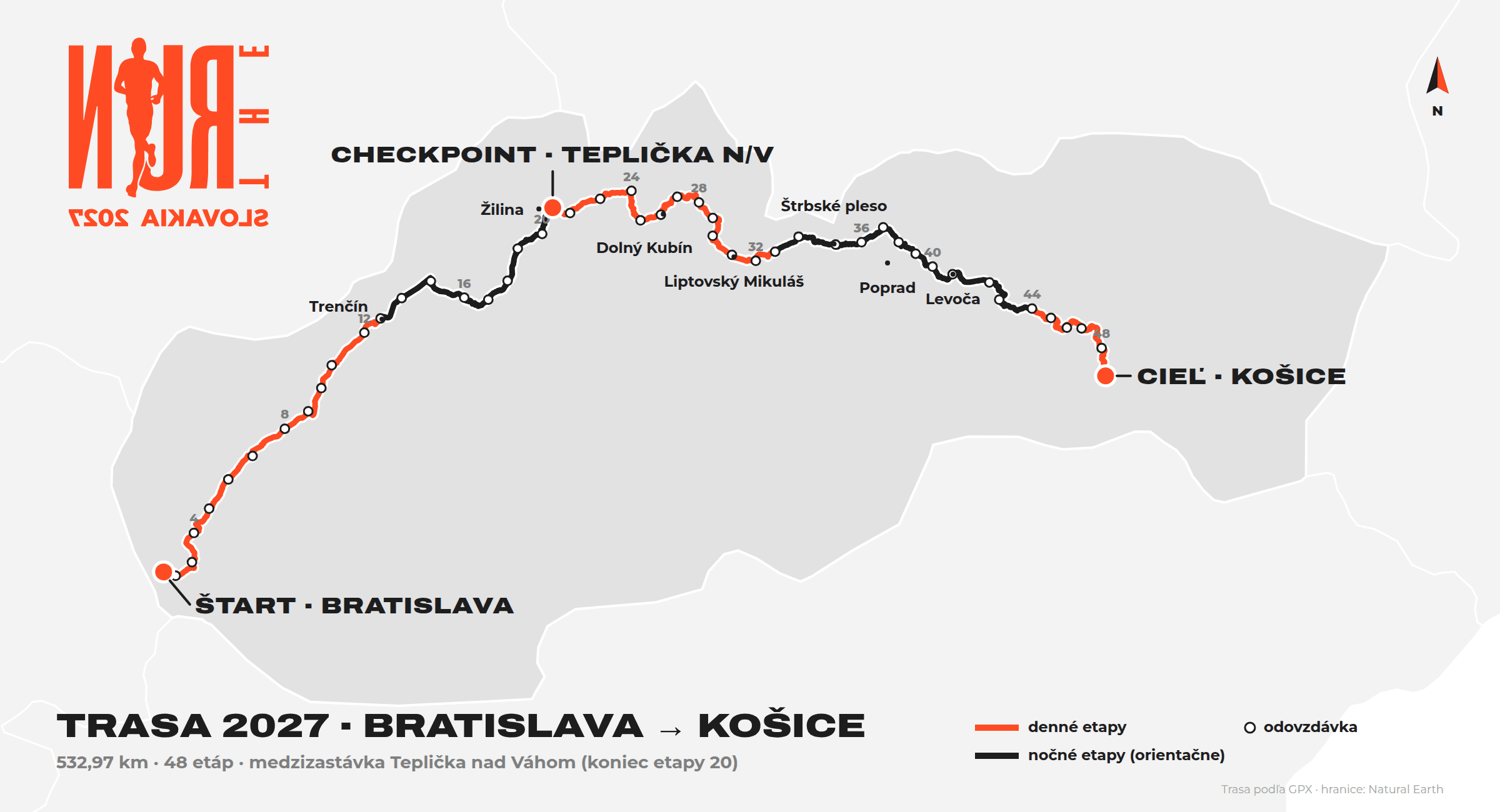MAPA CELEJ TRASY · BRATISLAVA → KOŠICE · 48 ETÁP · ORANŽOVÁ DENNÉ · ČIERNA NOČNÉ ETAPY